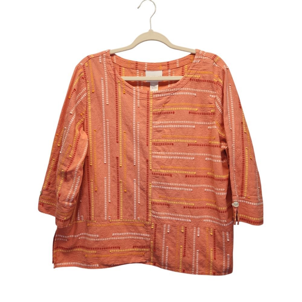 Alfred Dunner Neptune Beach Geometric Jacquard Spliced 3/4 Sleeve Top LARGE